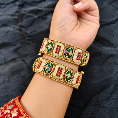 Royal Minakari & Ruby-Emerald Gold-Plated Bangle Set